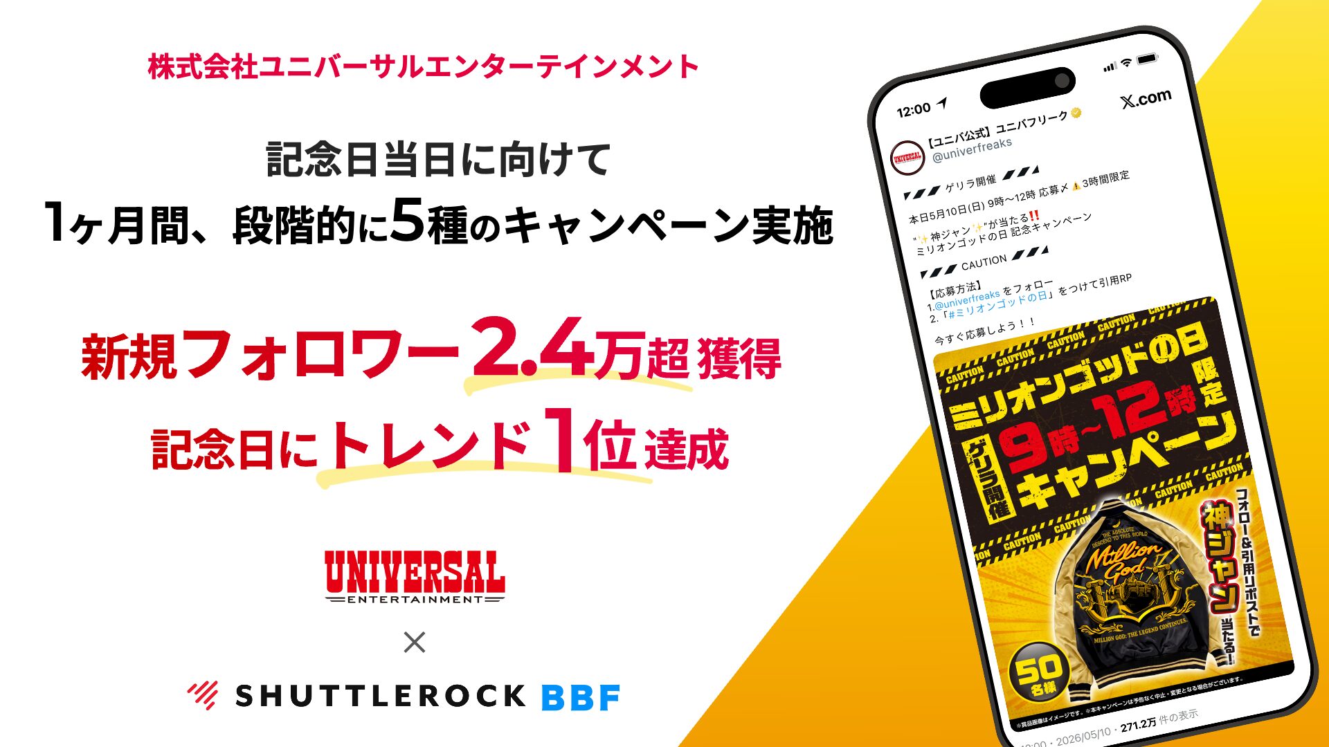 BBF 事例 X キャンペーン ユニバーサルエンターテインメント フォロワー増加 トレンド1位  シャトルロック